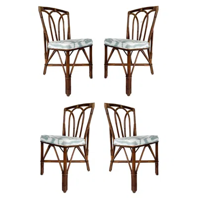 Pre-owned Mcguire Vintage Coastal Rattan Side Chairs With Upholstered Seat Cushions, Set Of 4 In Brown