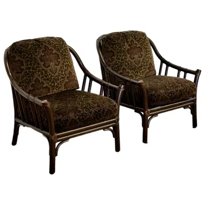 Pre-owned Mcguire Vintage  Dark Rattan Leopard Floral Velvet Cushions Lounge Chairs- A Pair In Brown