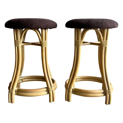 Pre-owned Mcguire Vintage  Style Rattan Counter Stools In Brown Bouclé, A Pair