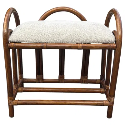 Pre-owned Mcguire Vintage Mid-century Italian Rattan Vanity Stool With Boucle In Brown