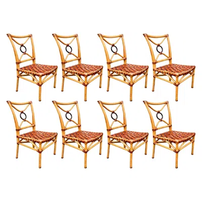 Pre-owned Mcguire Warm Set Of 8 Vintage Honey Bamboo And Caramel Leather Dining Chairs By  In Brown
