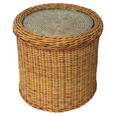 Pre-owned Mcguire Wicker And Glass Round Side Table, In The Style Of , Late-20th Century In Brown