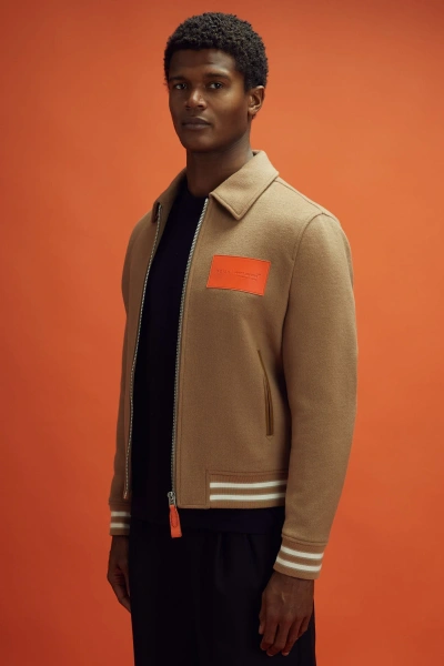 Mclaren F1 Wool Blend Leather Patch Varsity Bomber Jacket In Camel
