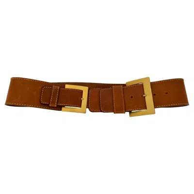 Pre-owned Mcm 1980s Vintage Tan Brown Leather Wide Waist Belt With Gold Buckles