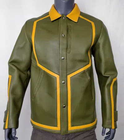 Pre-owned Mcm $2190  Men's Winter Moss Green Leather Stripes Bomber Jacket Mhj9ara39g8