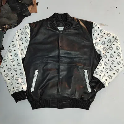 Pre-owned Mcm $2399  Leather Jacket Black &white Custom Piece Bomber Genuine Leather Jacket