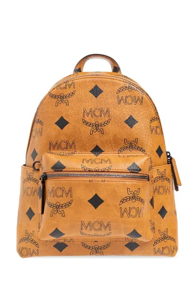 Mcm All-over Logo Printed Zipped Backpack In Brown/black