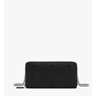 Mcm Aren Chain Zip Around Wallet In Embossed Monogram Leather In Black