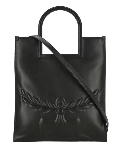 Mcm Aren Fold Tote Shoulder Bag With Laurel Logo In Black