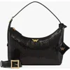 Mcm Sequinned Logo Plaque Shoulder Bag In Black