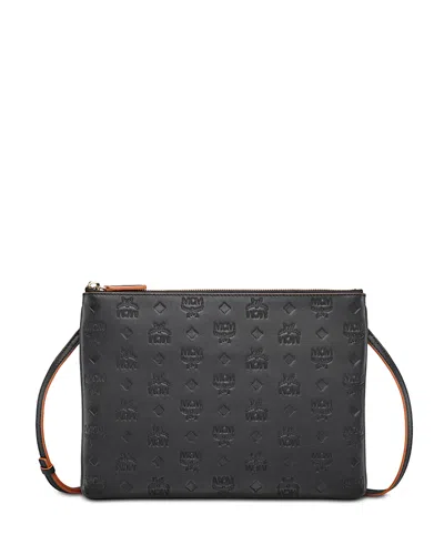 Mcm Aren Logo Embossed Leather Pouch In Red