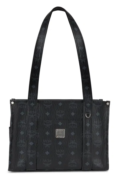Mcm Aren Monogram Coated Cotton Handbag With Leather Handles In Black