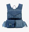 Mcm Large Aren Monogram-jacquard Denim Multi-backpack In Blue