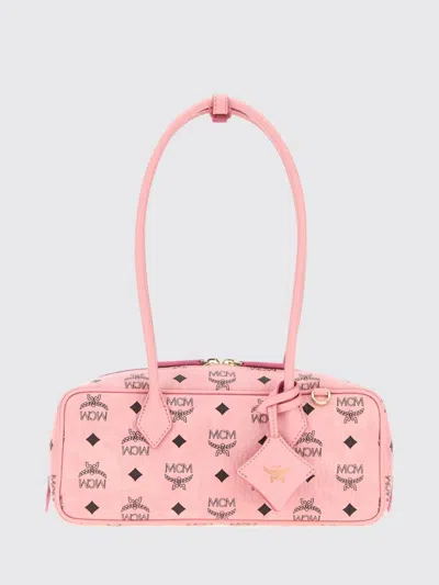 Mcm Aren Shoulder Bag In Visetos Logo Coated Cotton In Pink