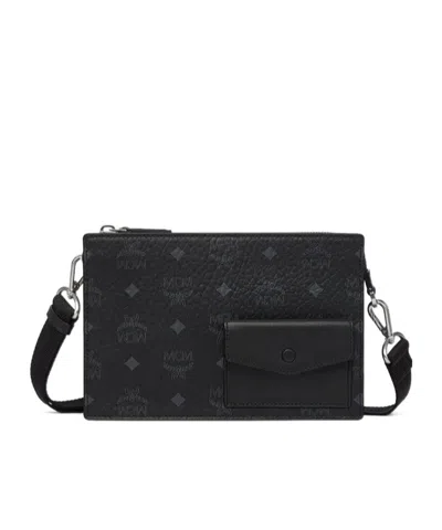 Mcm Aren Standing Crossbody Pouch In Visetos Small In Black