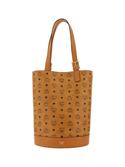 Mcm Medium Aren Visetos Coated Canvas Tote In Cognac