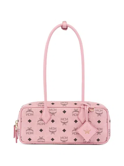 Mcm Aren Shoulder Bag In Visetos Logo Coated Cotton In Pink