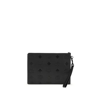 Mcm Aren Wristlet Pouch In Maxi Monogram Leather In Black