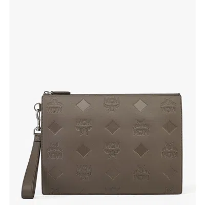 Mcm Aren Wristlet Zip Pouch In Maxi Monogram Leather In Brown
