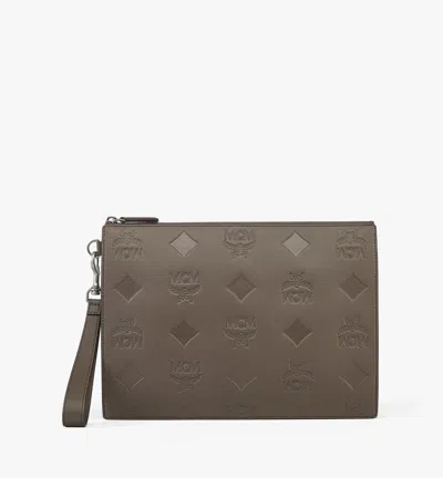 Mcm Aren Wristlet Zip Pouch In Maxi Monogram Leather In Gray
