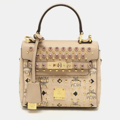 Pre-owned Mcm Beige Visetos Coated Canvas And Leather Mini Heritage Top Handle Bag