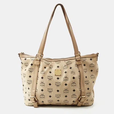 Mcm Beige Visetos Coated Canvas And Leather Zipped Shoulder Bag