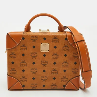 Pre-owned Mcm Berlin Cognac Visetos Coated Canvas And Leather Top Handle Bag In Brown