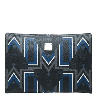 Pre-owned Mcm Black Blue Gray Leather Clutch Bag () In Black, Blue, Gray