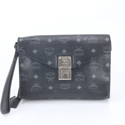 Pre-owned Mcm Black Leather Coated Canvas Clutch Bag Pouch ()