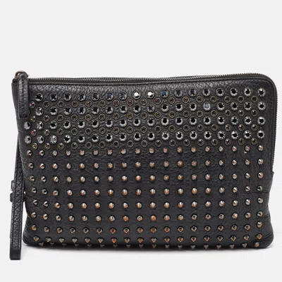 Pre-owned Mcm Black Leather Embellished Zip Wristlet Pouch