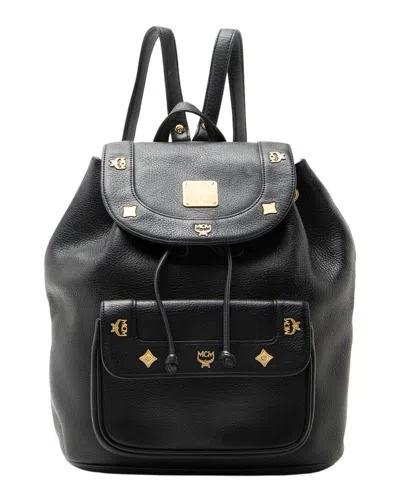 Pre-owned Mcm Black Leather Logo Charms Drawstring Backpack (authentic Pre-loved)