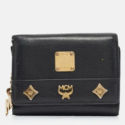 Pre-owned Mcm Black Leather Studded Trifold Compact Wallet