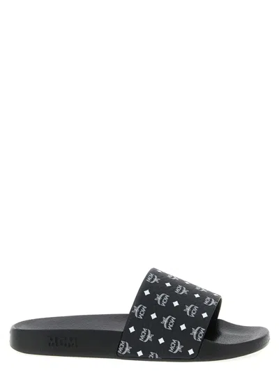 Mcm Monogram Print Rubber Slides In Black
