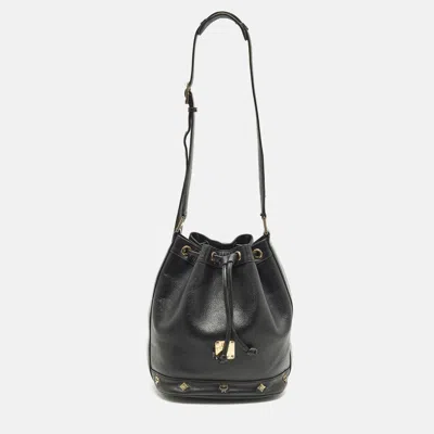 Pre-owned Mcm Black Logo Studded Leather Drawstring Bucket Bag
