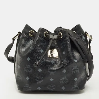 Pre-owned Mcm Black Visetos Coated Canvas And Leather Drawstring Bucket Bag
