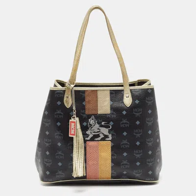 Pre-owned Mcm Black/gold Visetos Coated Canvas And Leather Princess Lion Tote