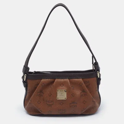 Pre-owned Mcm Brown Pleated Visetos Coated Canvas And Leather Shoulder Bag