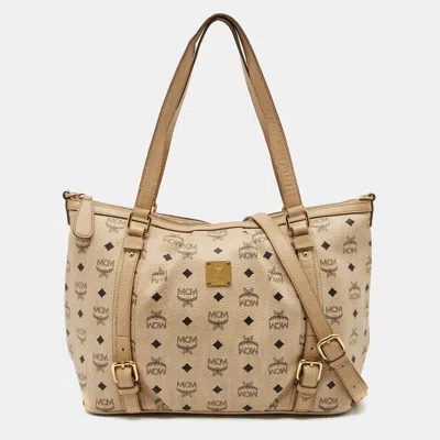 Pre-owned Mcm Buckle Zipped Beige Visetos Coated Canvas And Leather Tote In Sand