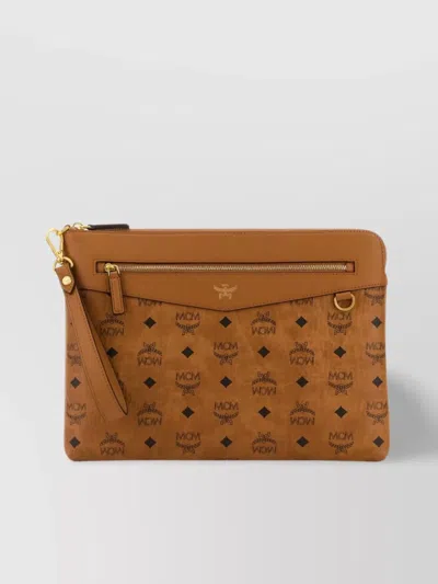 Mcm Canvas Clutch With Wrist Strap And Front Zip Pocket