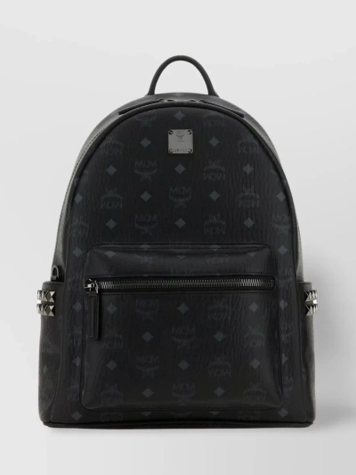 Mcm Canvas Side Studs Backpack With Monogram Print In Black