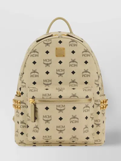 Mcm Canvas Studs Backpack With Adjustable Straps In Beige