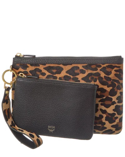 Mcm Cheetah Coated Canvas, Fur & Leather Clutch In Brown