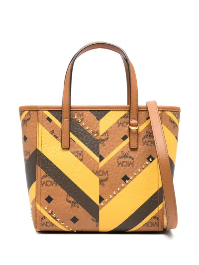 Mcm Chevron-pattern Studded Tote Bag In Brown