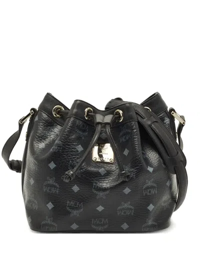 Pre-owned Mcm Coated Drawstring Bucket Bag In Black