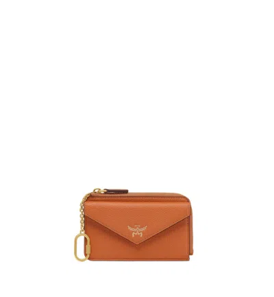 Mcm Cognac Leather Card Case With Gold-plated Hardware In Orange