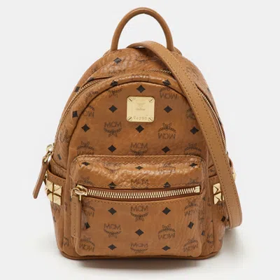 Pre-owned Mcm Cognac Visetos Coated Canvas And Leather Mini Studded Stark-bebe Boo Backpack