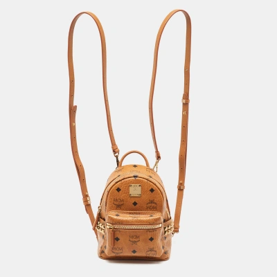 Pre-owned Mcm Cognac Visetos Coated Canvas And Leather Mini Studded Stark-bebe Boo Backpack In Tan