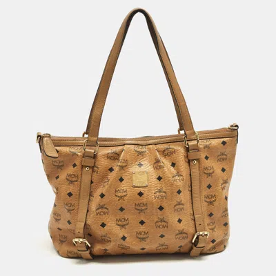 Pre-owned Mcm Cognac Visetos Coated Canvas And Leather Shopper Tote In Brown