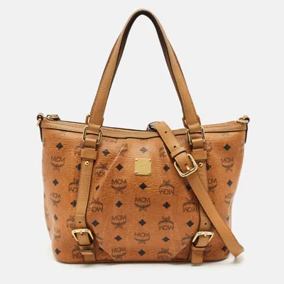 Pre-owned Mcm Cognac Visetos Coated Canvas And Leather Top Zip Tote