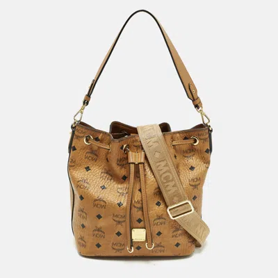 Pre-owned Mcm Cognac Visetos Coated Canvas Drawstring Bucket Bag In Brown